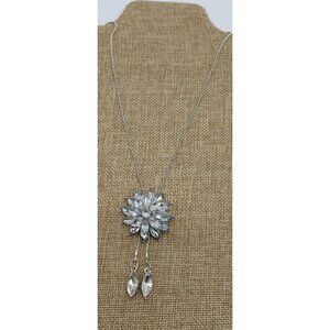 Clear Marquise Rhinestone Flower Silver Tone Lariat Slide Necklace Vintage